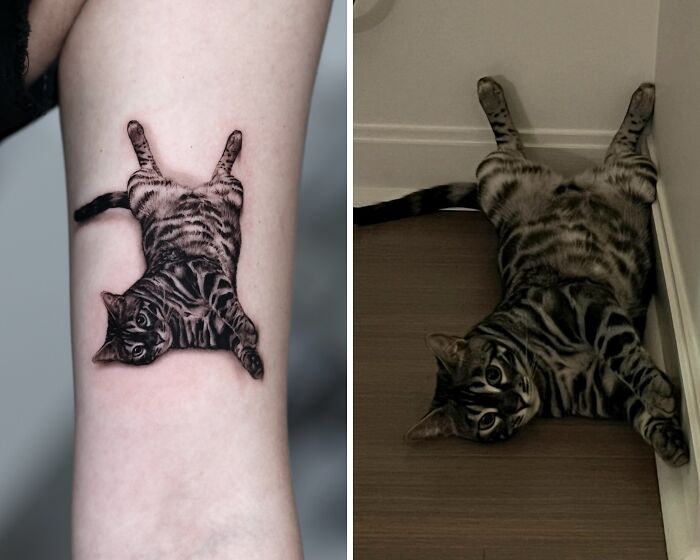 Realistic pet tattoo of a cat lying on its back next to the actual cat in the same pose on the floor.