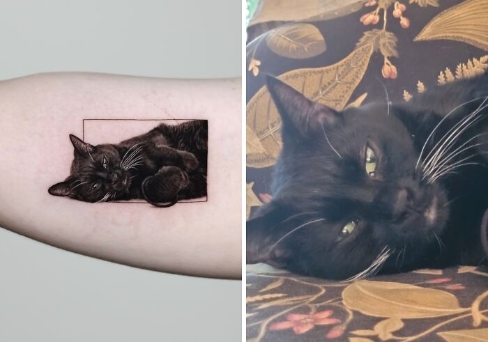 Realistic pet tattoo of a black cat lying down, showcasing detailed and lifelike pet tattoo art by Yeono.