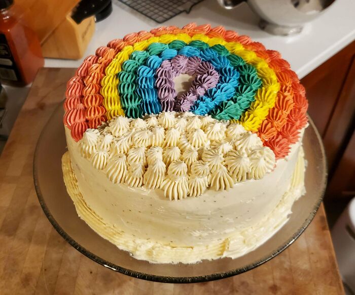 Rainbow decorated cake with colorful frosting, showcasing gorgeous baked goods and impressive kitchen baking skills.
