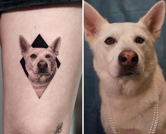Realistic pet tattoo of a white dog on skin, showcasing detailed and lifelike pet tattoo art by Yeono.