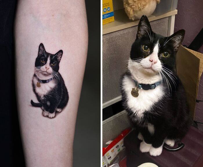 Realistic pet tattoo of a black and white cat on forearm, showcasing detailed and lifelike pet tattoos by Yeono.