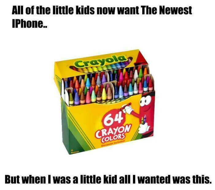 Box of 64 Crayola crayons representing nostalgic childhood items to make you feel old as heck with new pics.