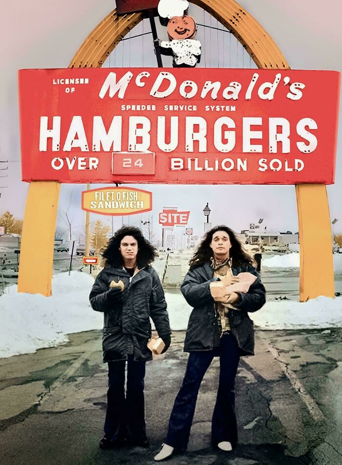 Two people standing under a vintage McDonald's sign, holding food bags, evoking nostalgia to make you feel old.