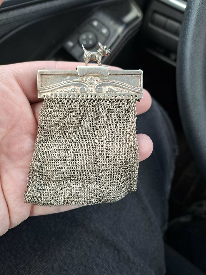 Vintage silver mesh coin purse with a dog clasp, a unique thrift store find feeling like stumbling upon a pot of gold.