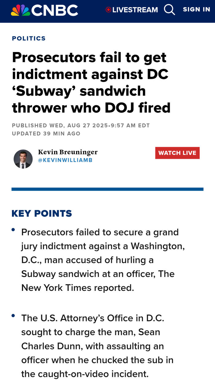 News article headline about prosecutors failing to indict DC Subway sandwich thrower with DOJ firing in politics section.