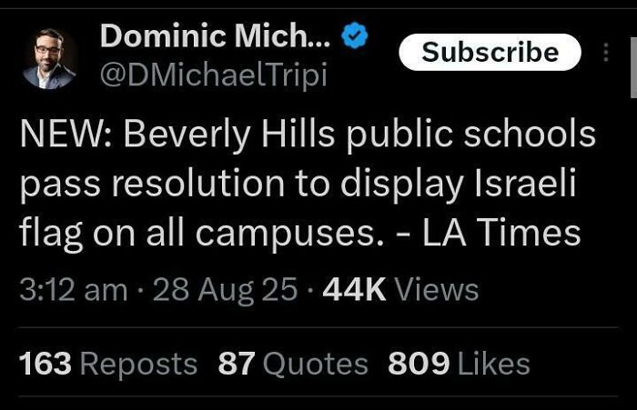 Tweet by Dominic Mich about Beverly Hills public schools passing resolution to display Israeli flag, highlighting an example of attempt and universe plans.