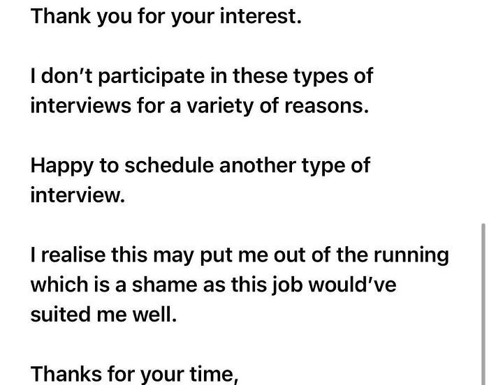 Text message refusing an interview type due to outrageous job requirements that made people nope out quickly.