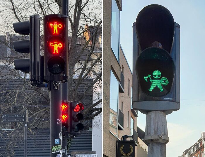 Traffic lights in Denmark featuring Viking-themed pedestrian signals, showcasing Danish design and culture in public spaces.