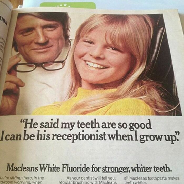 Vintage advertisement featuring a smiling girl and dentist promoting Macleans White Fluoride for stronger, whiter teeth.