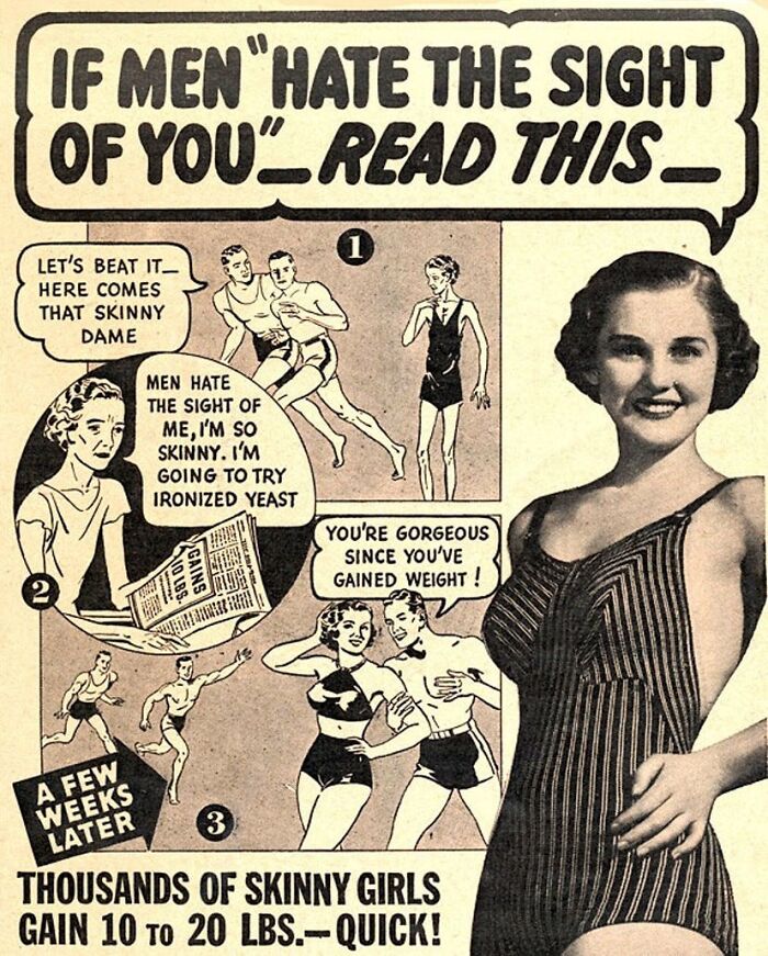 Vintage advertisement showing a woman gaining weight with yeast, reflecting vintage advertisements that might not go down well today.