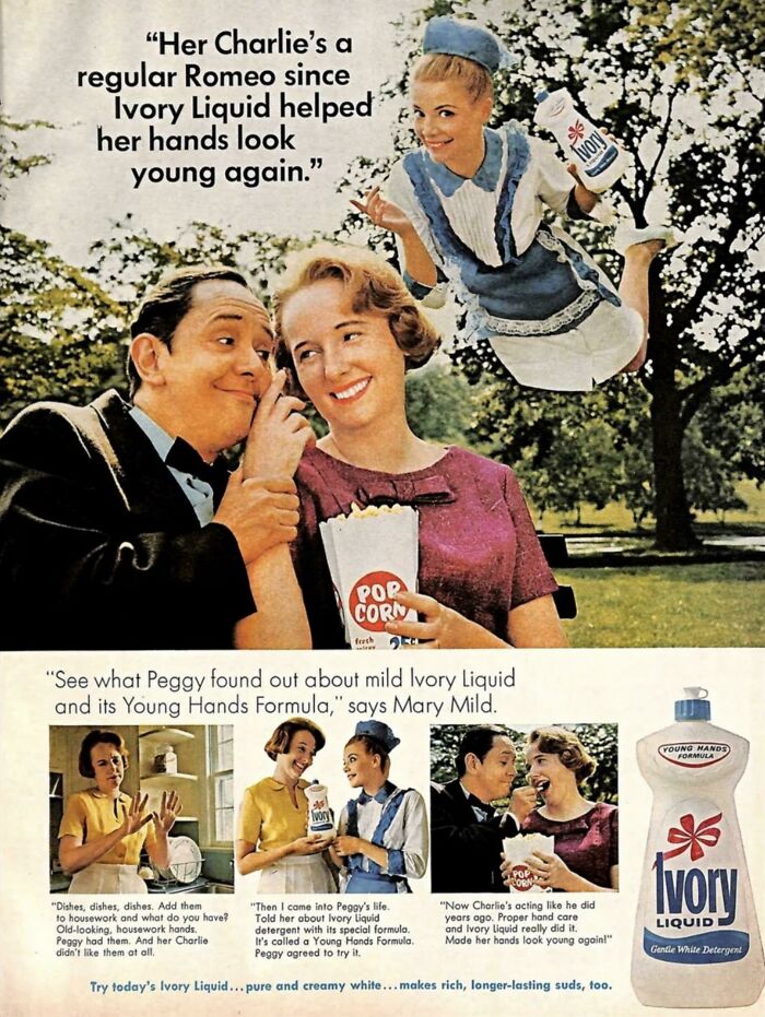 Vintage advertisement showing a couple and Ivory Liquid promoting young hands formula for appealing vintage advertisements.