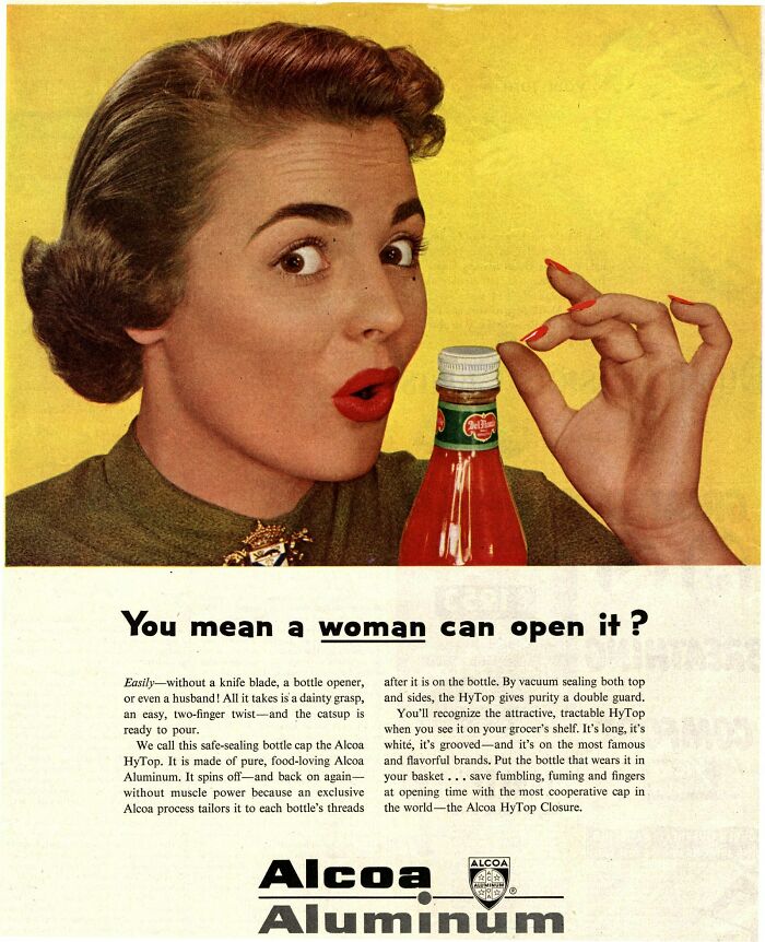 Vintage advertisement showing a surprised woman opening a ketchup bottle, highlighting vintage advertisements from past eras.