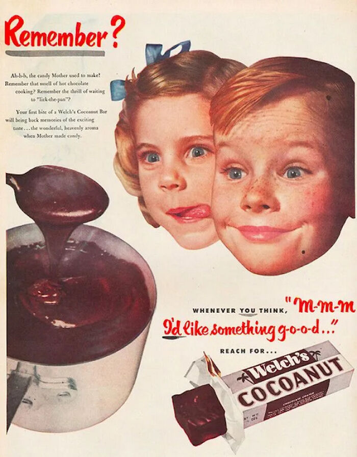 Vintage advertisement showing excited children with a chocolate bar and melted chocolate, highlighting fascinating vintage advertisements.