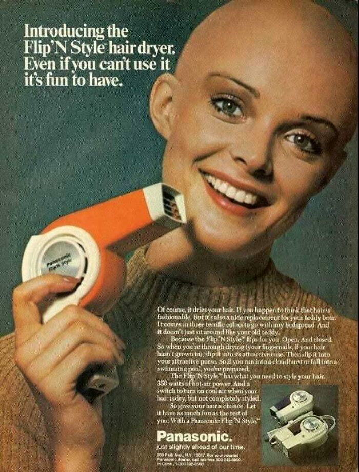 Vintage advertisement showing a smiling woman with a bald head holding a retro hair dryer, highlighting vintage advertisements.