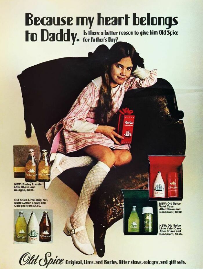 Vintage advertisement featuring a young girl promoting Old Spice aftershave gift sets for Father's Day.