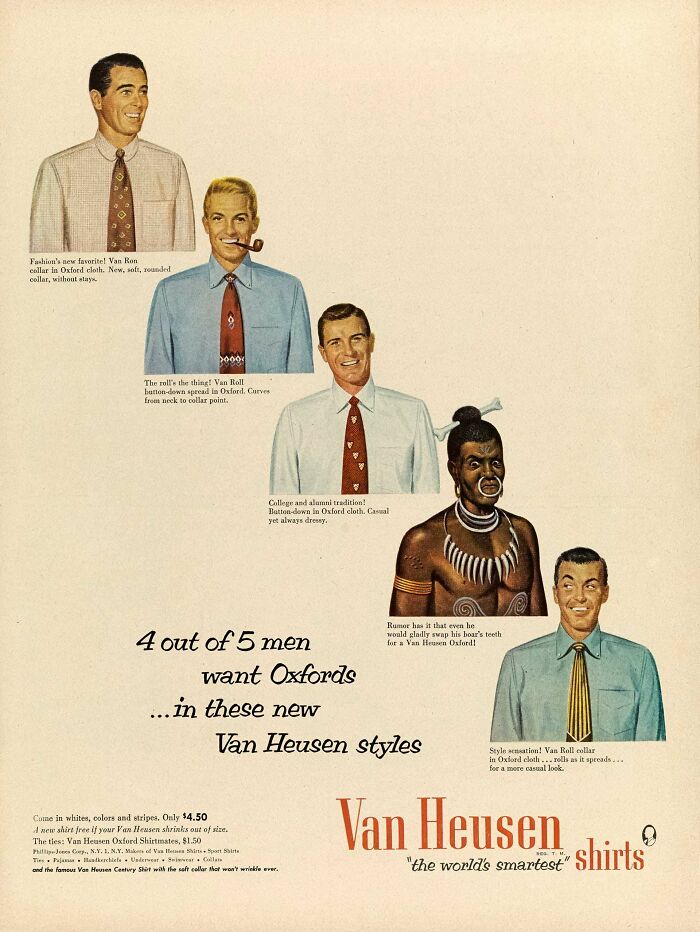 Vintage advertisement showing men in Van Heusen Oxford shirts with a controversial depiction in a retro style.