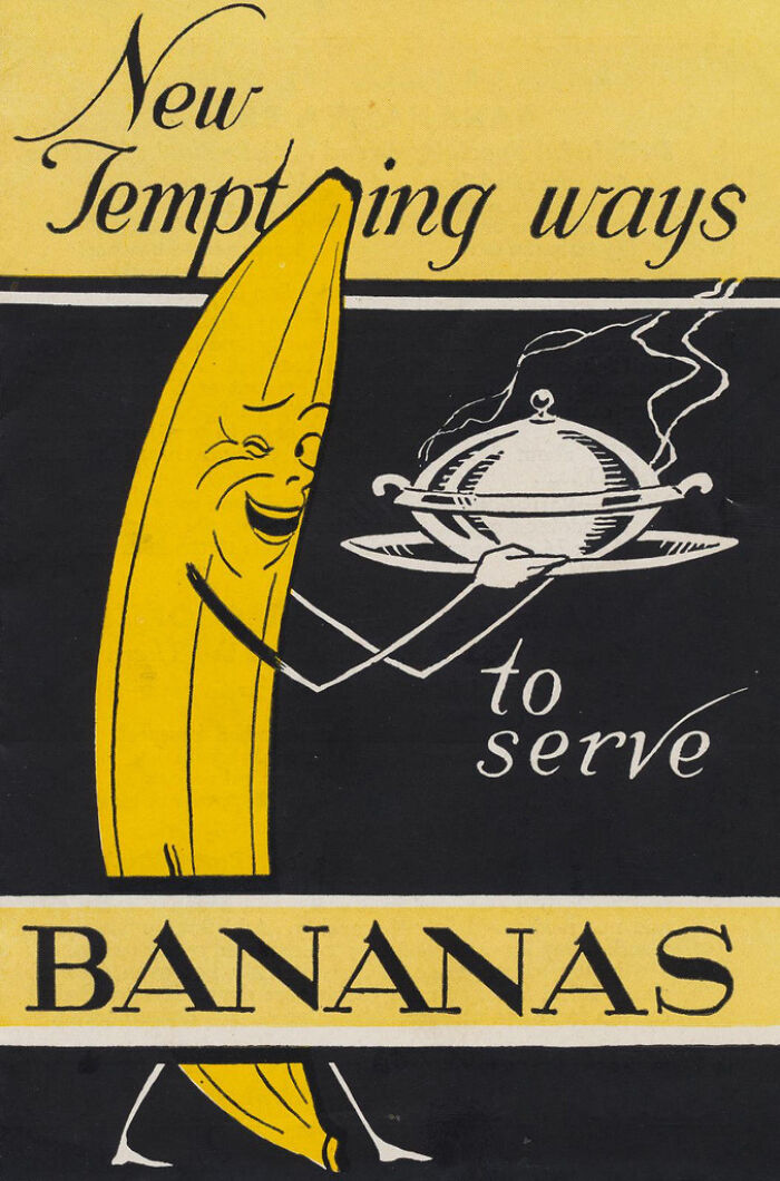 Vintage advertisement featuring a smiling anthropomorphic banana serving steaming food, illustrating fascinating vintage advertisements.
