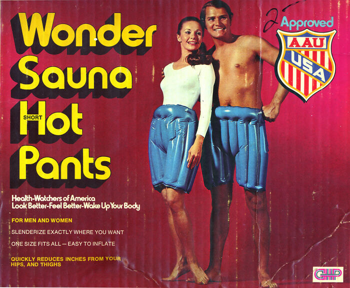 Vintage advertisements showing a man and woman wearing inflatable Wonder Sauna Hot Pants to slim hips and thighs.