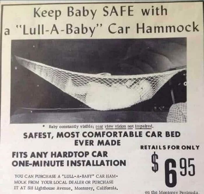 Vintage advertisement showing a "Lull-A-Baby" car hammock for baby safety, a fascinating vintage advertisement example.