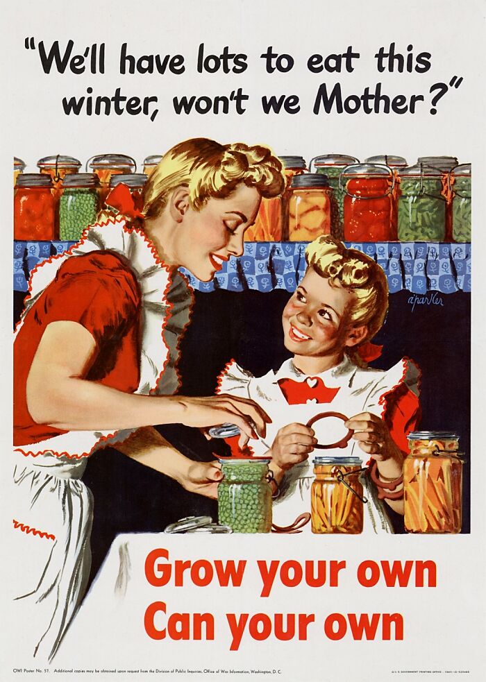 Vintage advertisements showing a mother and child canning vegetables, promoting self-sufficiency and homegrown food.