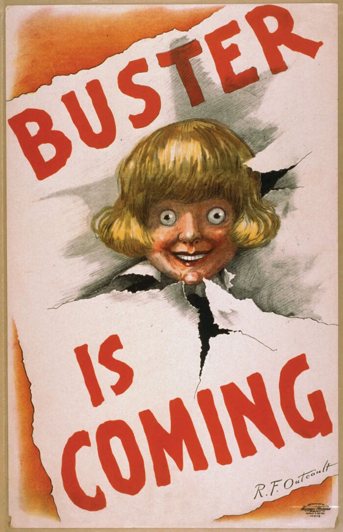 Vintage advertisement poster with a creepy doll face breaking through paper, showcasing fascinating vintage advertisements.
