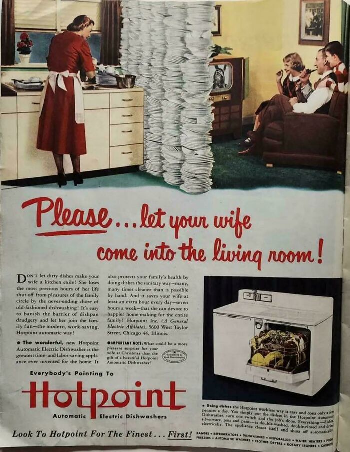 Vintage advertisement showing a woman washing dishes with a Hotpoint electric dishwasher, highlighting vintage advertisements.