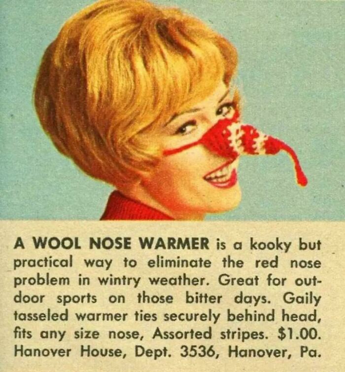 Retro advertisement showing a woman wearing a wool nose warmer, a quirky vintage advertisement from mid-20th century.