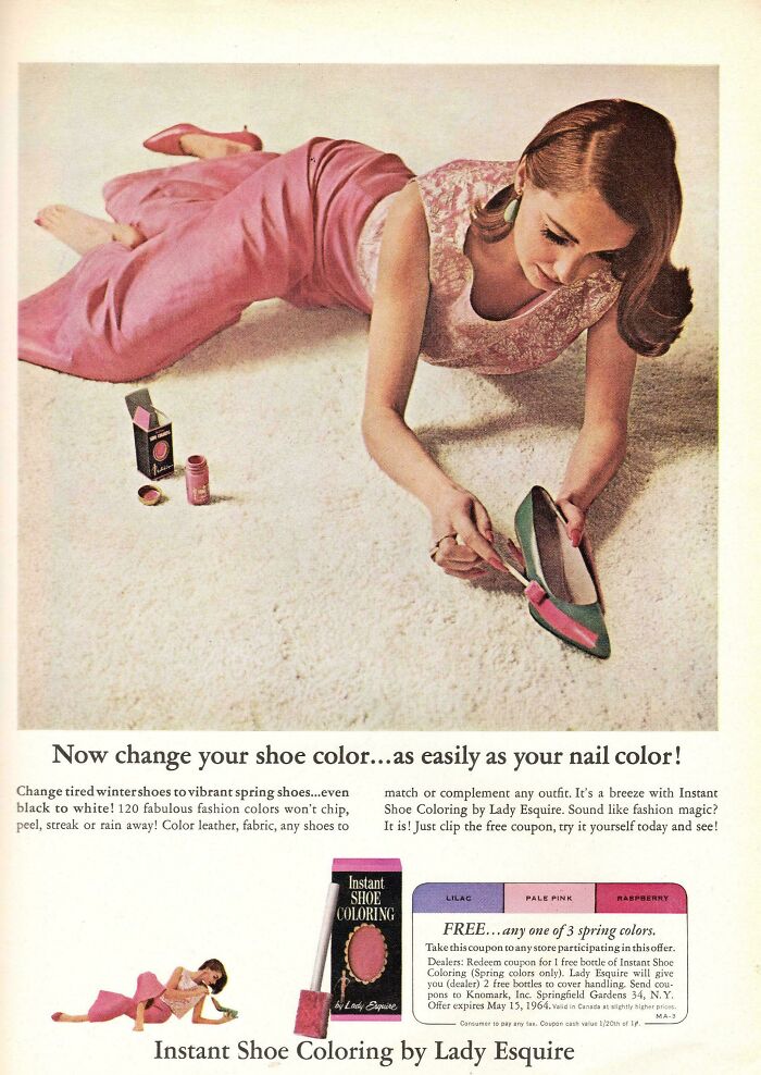 Vintage advertisement showing a woman applying shoe color, highlighting fascinating vintage advertisements and retro shoe products.