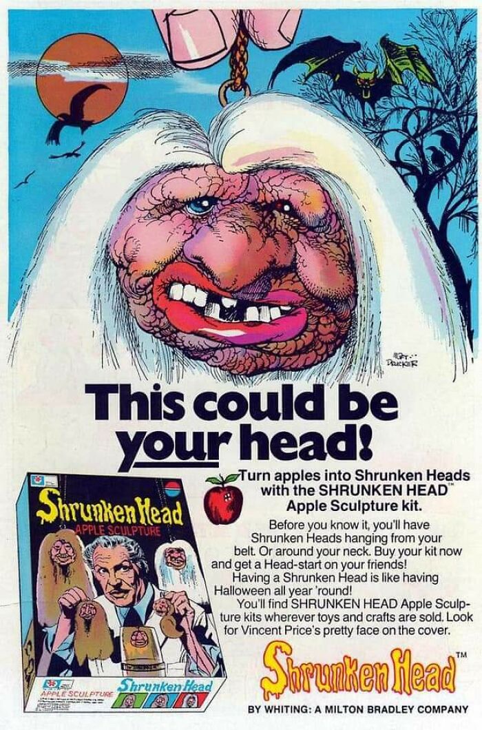 Vintage advertisement for Shrunken Head apple sculpture kit with cartoonish grotesque face and Halloween theme.