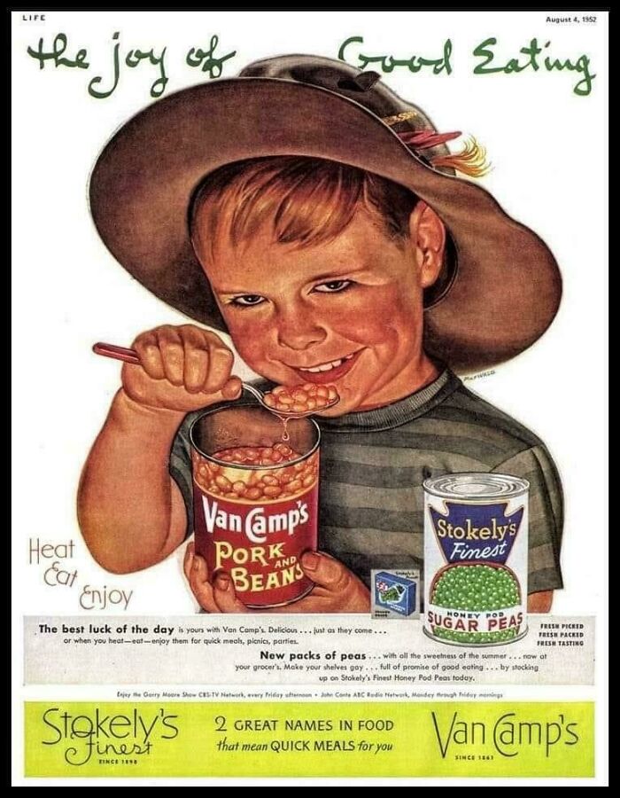 Vintage advertisement showing a boy eating pork and beans, highlighting fascinating vintage advertisements from the past.