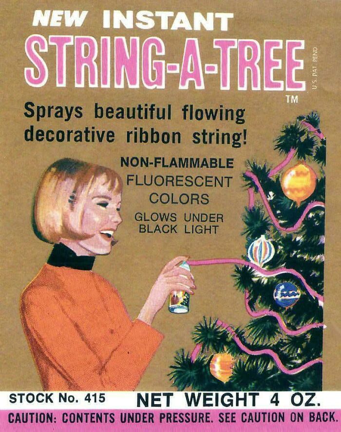 Vintage advertisement for String-A-Tree spray decorating a Christmas tree with fluorescent ribbon in a historic vintage advertisement.