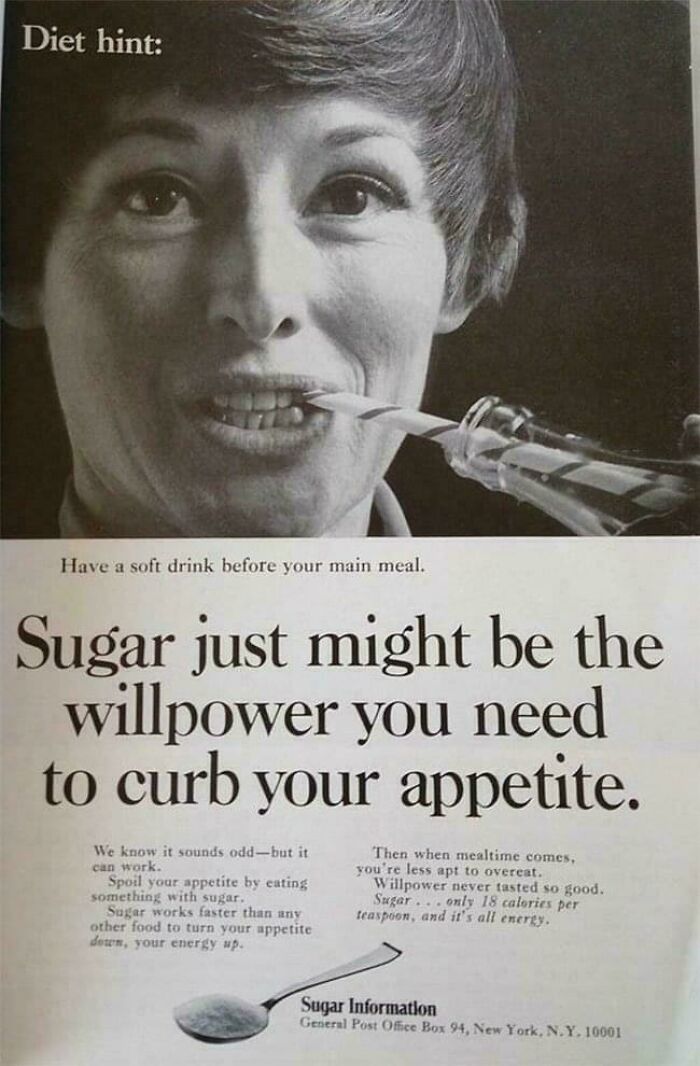 Vintage advertisement showing a woman drinking a soft drink, promoting sugar to curb appetite in a vintage advertisement.