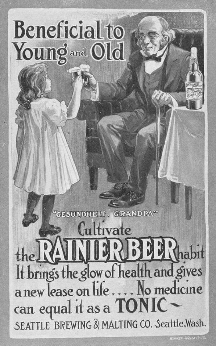 Vintage advertisement showing a child and elderly man drinking Rainier Beer, highlighting vintage advertisements that are controversial today.
