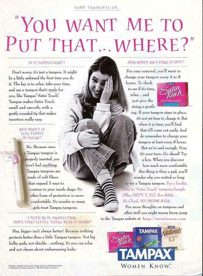 Vintage Tampax tampon ad from the ’90s featuring a woman explaining product comfort and use tips.