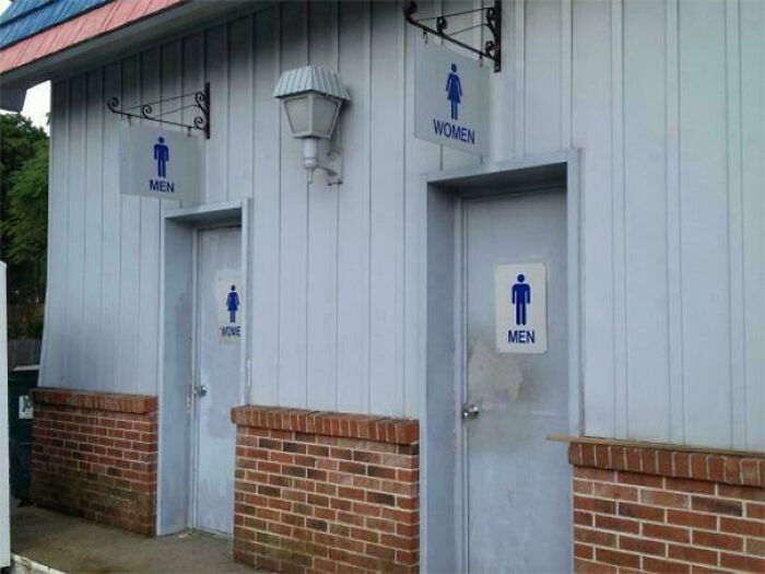Restroom doors with mismatched men and women signs showing a perfectly preventable fail in signage placement.