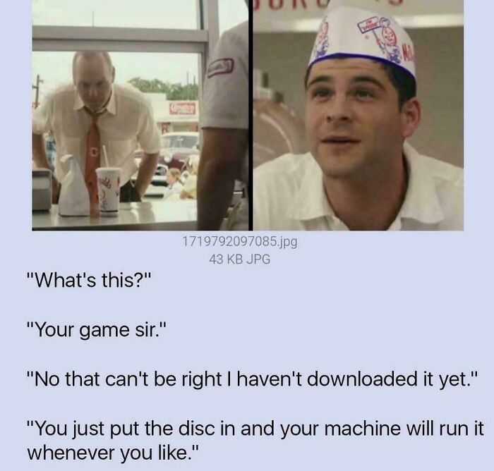 Scene from a 90s movie showing a man at a counter and another in a paper hat, sparking 90s memories and nostalgia.