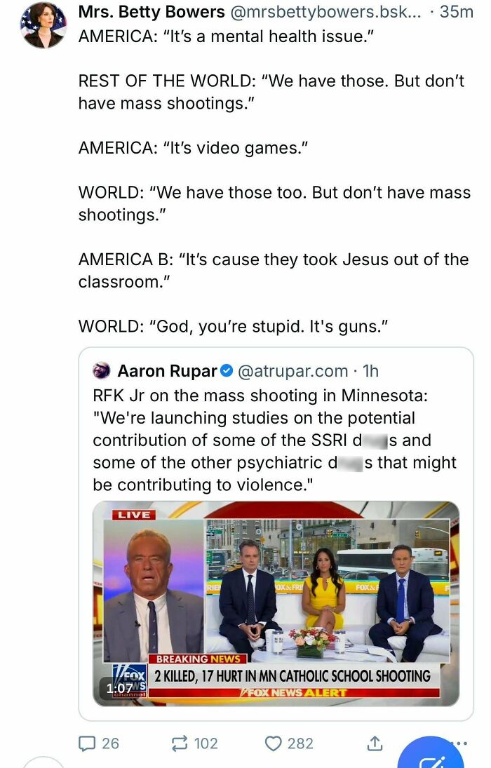 Tweet discussing mass shootings with differing American and global perspectives, highlighting bold tweets that hit a nerve.