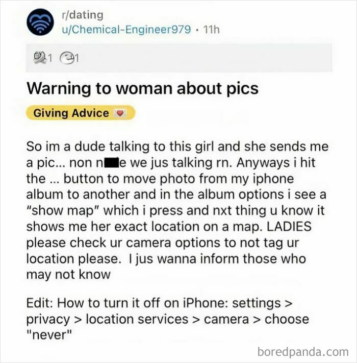 Reddit post giving heartwarming advice on how to protect privacy by disabling location tags on iPhone photos.
