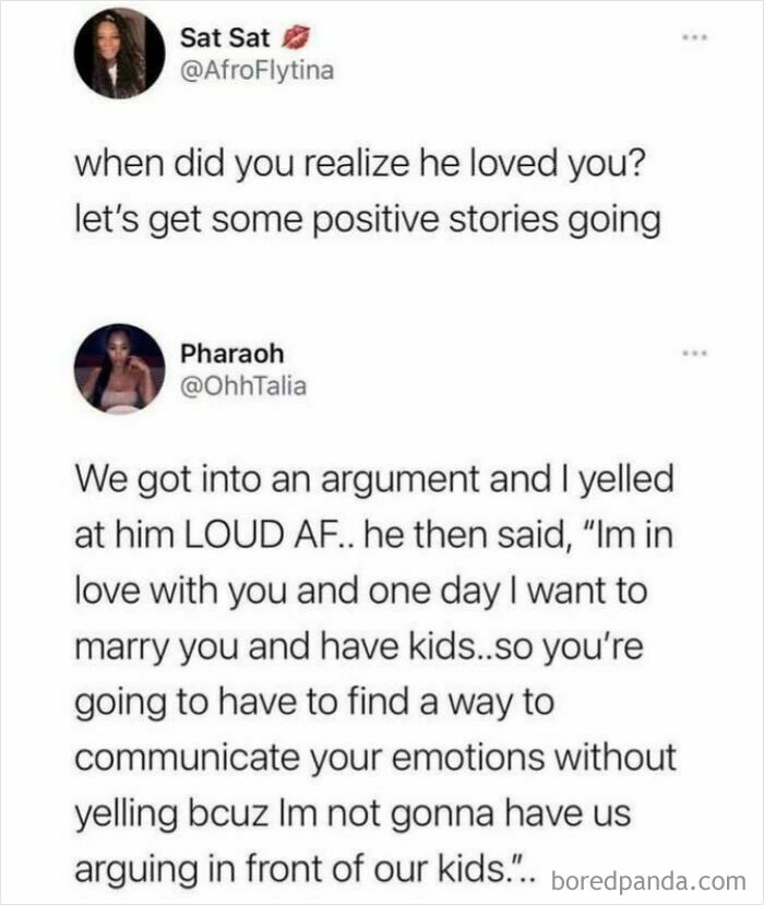 Screenshot of a heartwarming social media post sharing a positive story about love and communication during an argument.