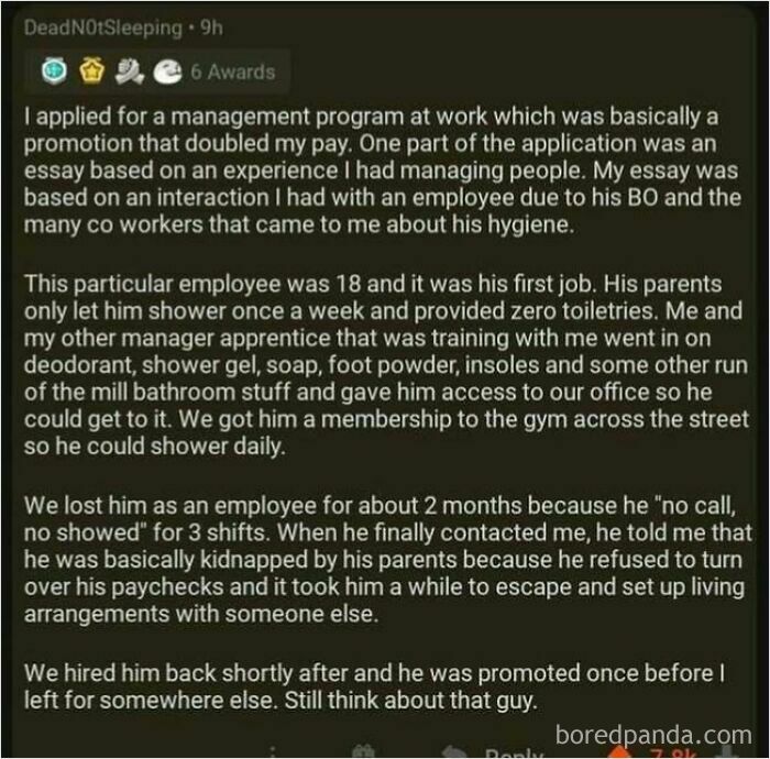Heartwarming Reddit story about helping a struggling young employee improve hygiene and life despite tough family issues.