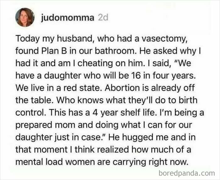 Text post about a husband and wife discussing Plan B and the mental load women carry, a heartwarming story amidst bad news.