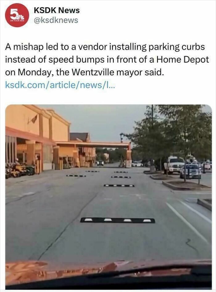 Mishap caused vendor to install parking curbs instead of speed bumps outside Home Depot, a hilarious preventable fail.