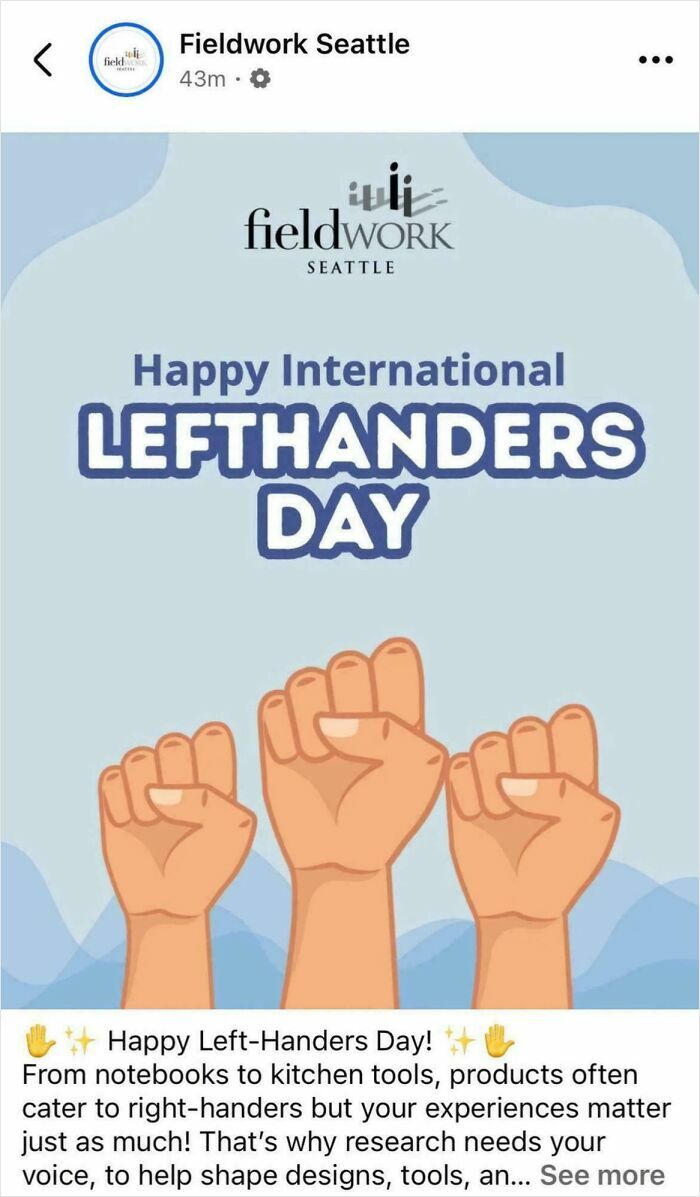 Social media post celebrating International Lefthanders Day with raised fists illustration and fieldwork Seattle logo.