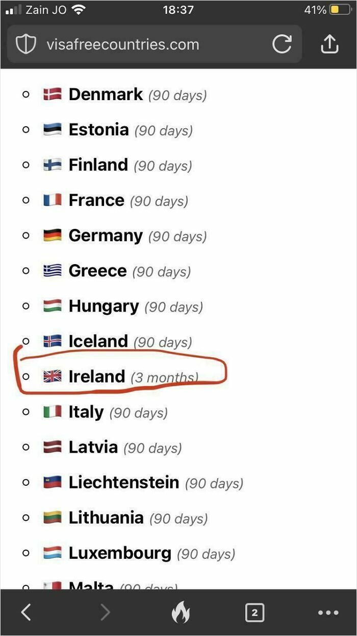List of visa-free countries with Ireland incorrectly shown with UK flag circled, an example of a preventable fail.