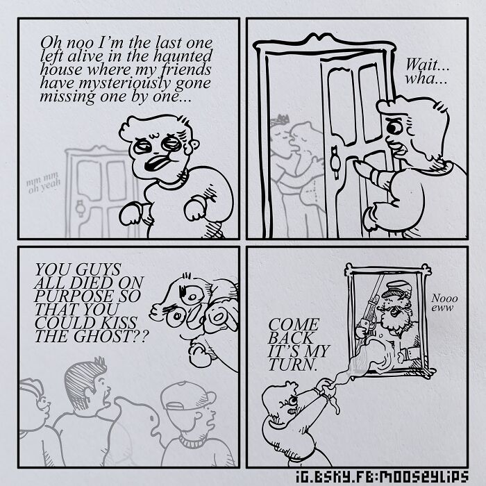 Absurd comic panels by Mooseylips featuring weird humor with ghosts and unexpected twists in a haunted house setting.