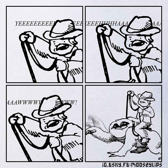 Black-and-white absurd comic panels depicting a character yelling and riding a large sloth with weird humor.