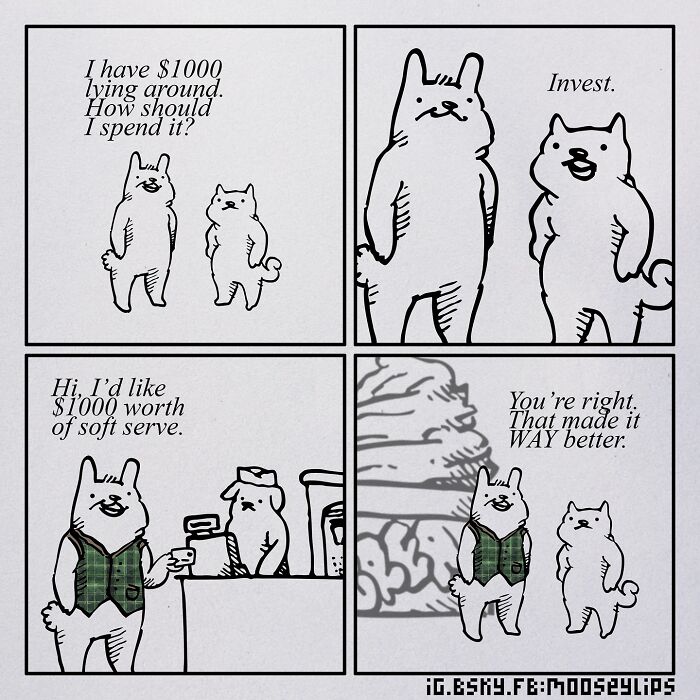 Absurd comic strip by Mooseylips featuring quirky dog characters with weird humor about spending $1000 on soft serve.