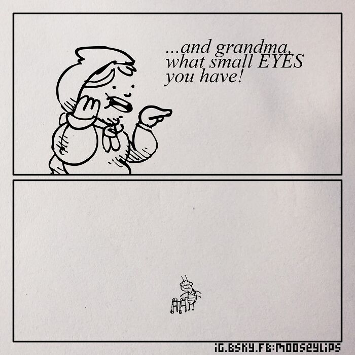 Absurd comic by Mooseylips showing a tiny grandma with a walker and a caption about small eyes.