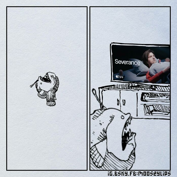 Absurd comic by Mooseylips showing a bizarre fish-like creature watching TV with weird and absurd humor style.