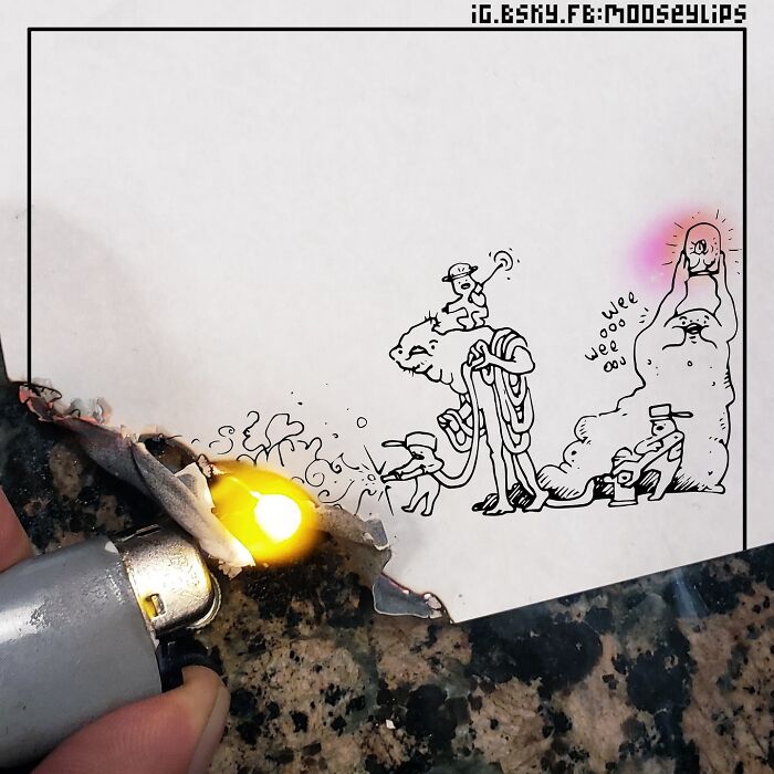 Hand-drawn absurd comics by Mooseylips with quirky characters interacting with a lighter flame on burnt paper.